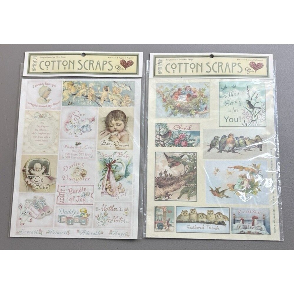 Crafty Secrets Cotton Scraps Fabric Images Baby Girl Birds Lot of 2